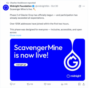 cardano's midnight Scavanger mine is live