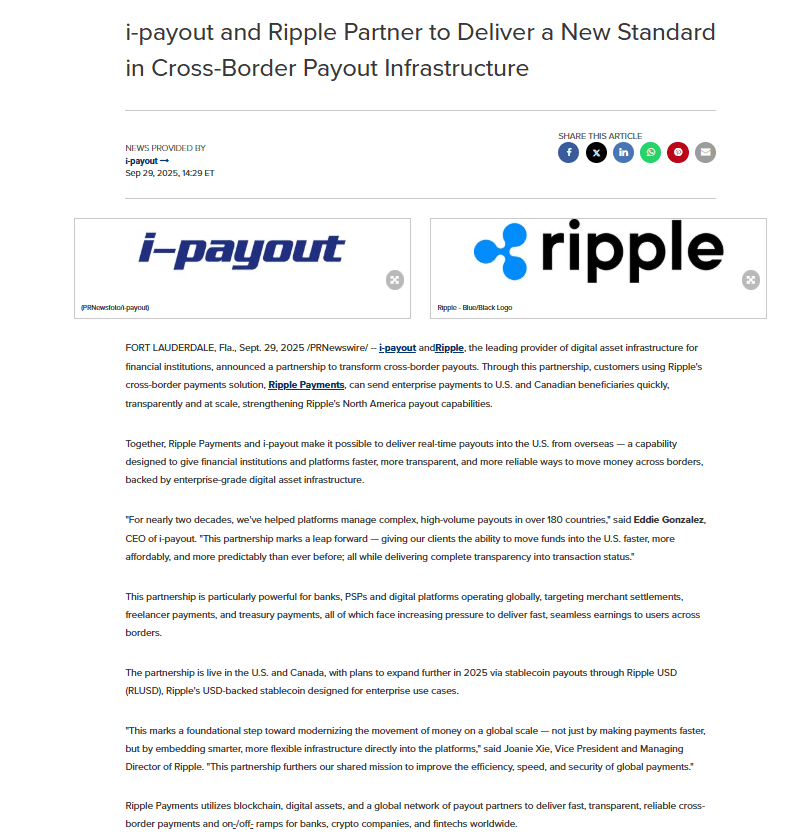 I-Payout Ripple Partnership Press Release. Source: PR Newswire