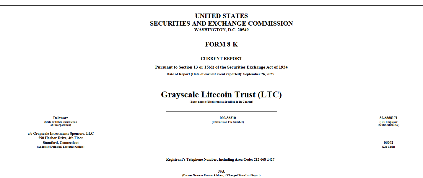 Grayscale Litecoin Trust Form 8K. Source: SEC