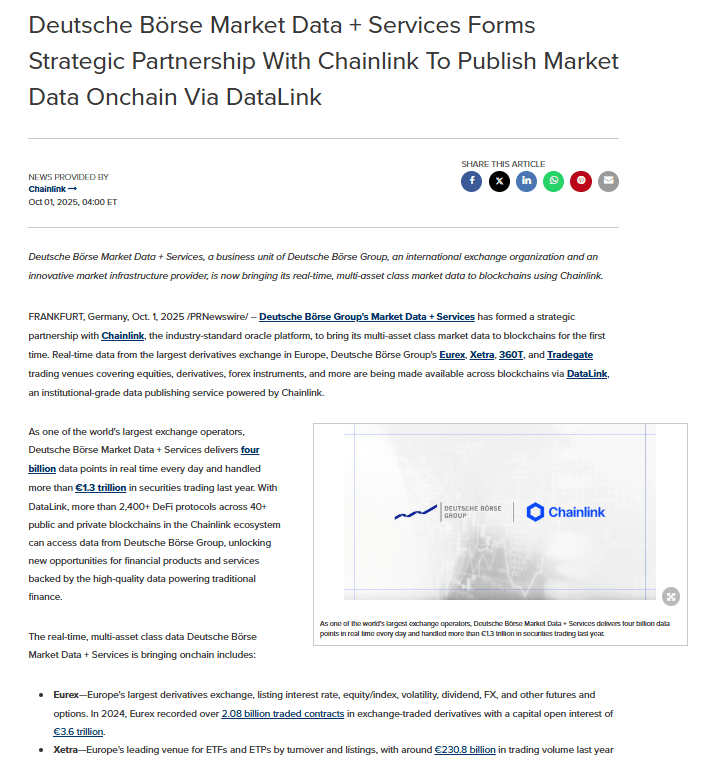 Deutsche Börse Chainlink DataLink Partnership. Source: PR Newswire
