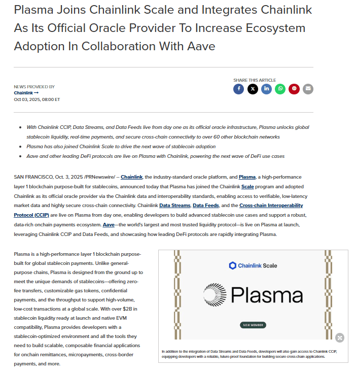 Plasma Joins Chainlink SCALE with Aave Collaboration. Source: PR Newswire