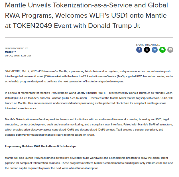 Mantle Tokenization as a Service at Token2049. Source: PR Newswire