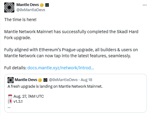 Mantle Skadi Hard Fork Announcement. Source: Mantle Devs on X