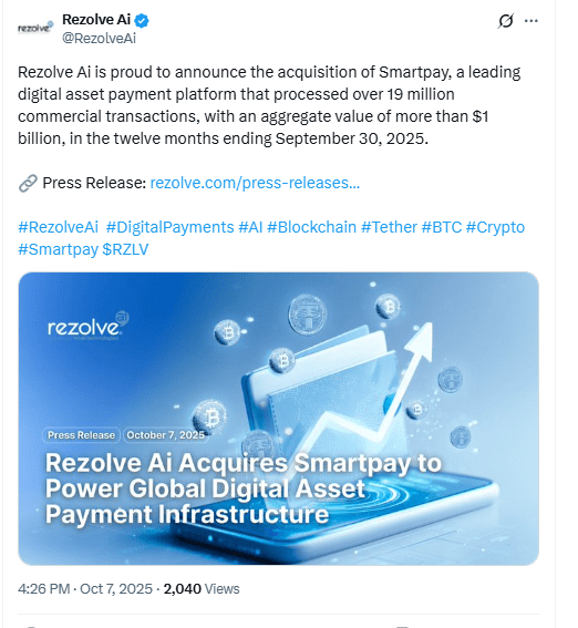 Rezolve AI Acquires Smartpay Announcement Post. Source: X (@RezolveAi)