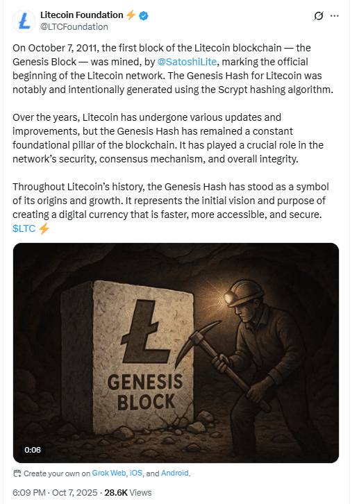 Litecoin Genesis Block Anniversary Post. Source: Litecoin Foundation on X