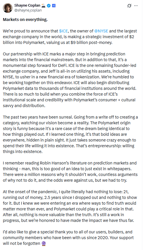 Polymarket ICE Investment Announcement. Source: Shayne Coplan on X
