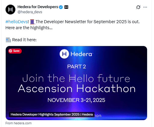 Hedera Developer Highlights September 2025, source Hedera for Developers on X (@hedera_devs)