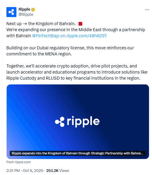 Ripple Bahrain partnership announcement on XSource: Ripple (@Ripple) on X