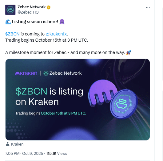 ZBCN Kraken Listing October 15. Source: Zebec Network on X
