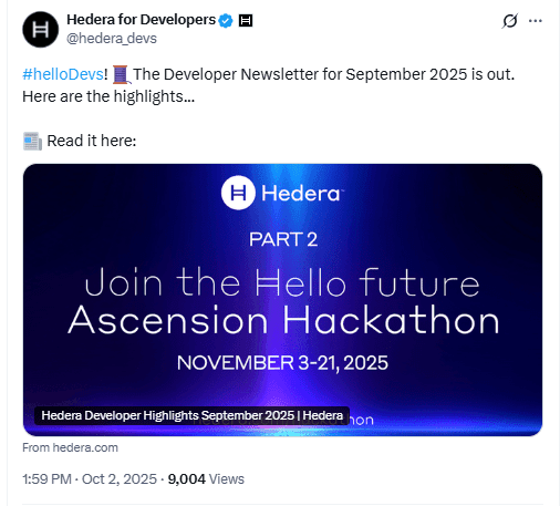 Hedera Developer Highlights September 2025. Source: Hedera for Developers on X