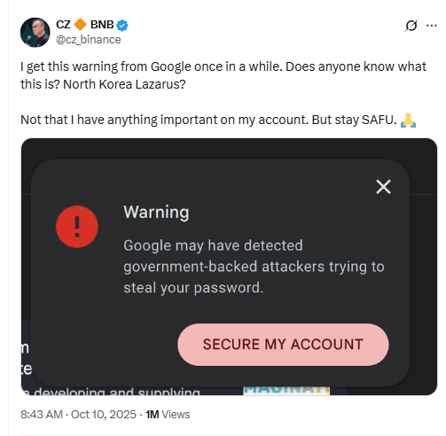 Google Warning Screenshot. Source: Changpeng Zhao on X