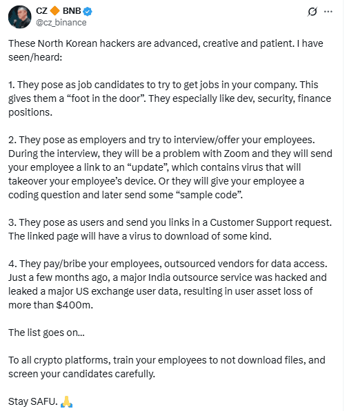 CZ on North Korean Hacker Tactics. Source: Changpeng Zhao on X