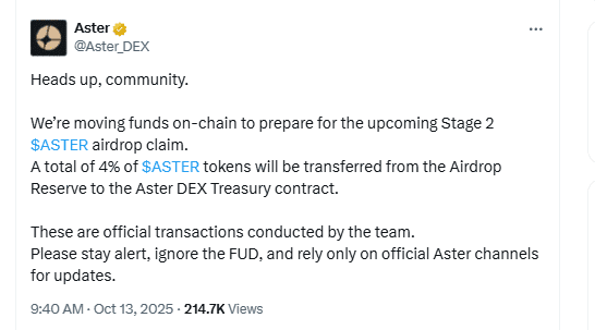Aster Stage 2 Airdrop Preparations. Source: Aster DEX (X)