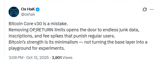 Bitcoin Core v30 Criticism Post. Source: Ox HaK on X