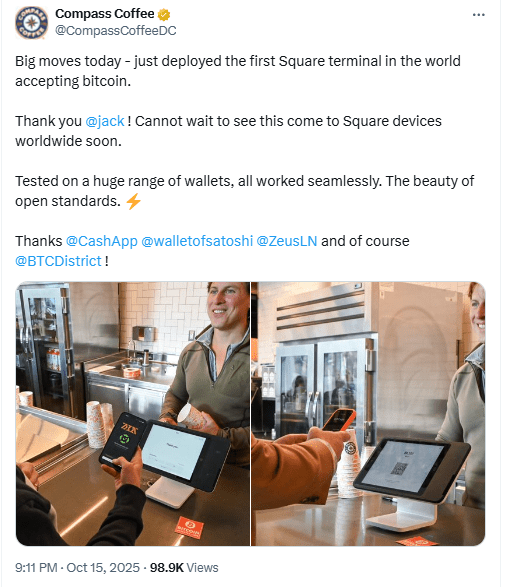 Square Lightning Payment Pilot at Compass Coffee. Source: Compass Coffee on X