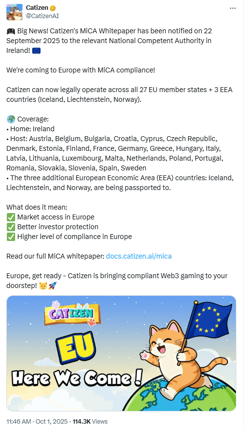 Catizen MiCA Whitepaper Notification. Source: Catizen X