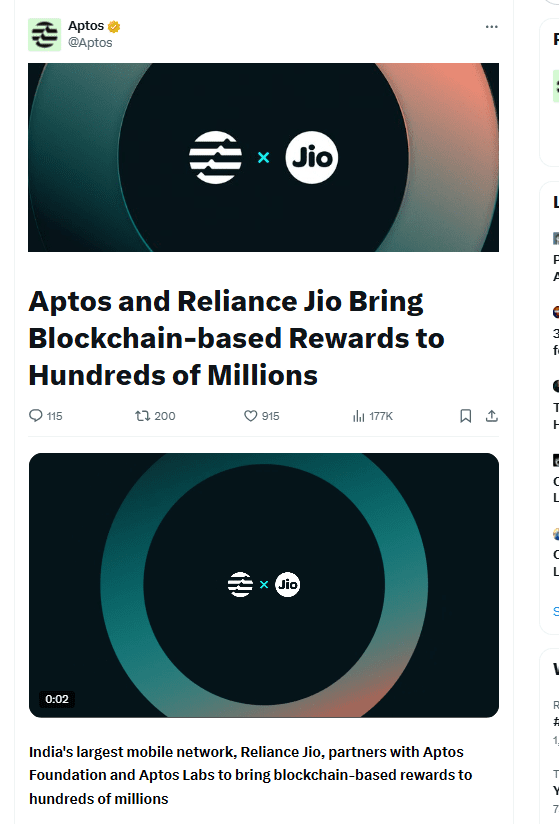 Aptos and Reliance Jio Blockchain Rewards. Source: Aptos X