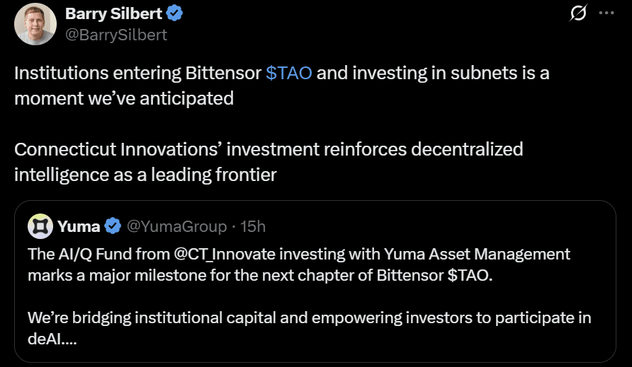 Barry Silbert Bittensor TAO price YUMA