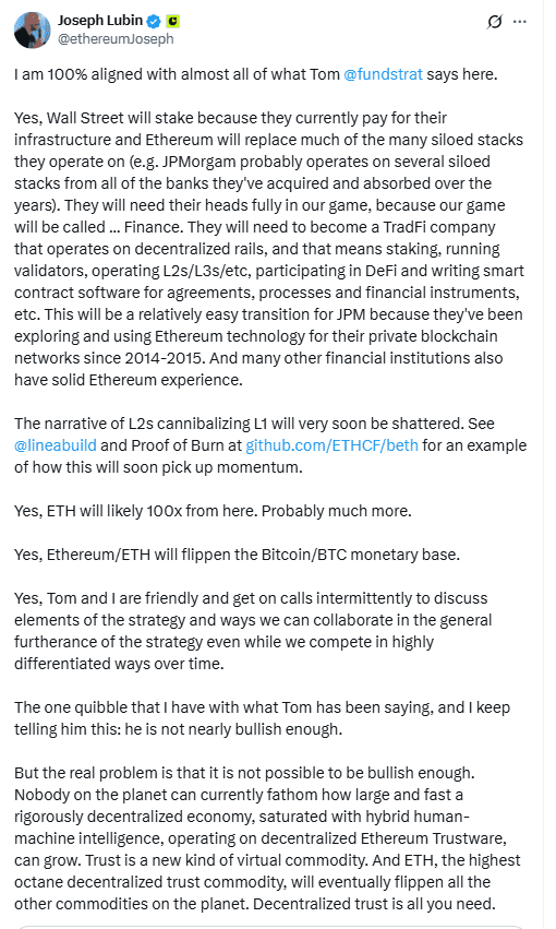 Joseph Lubin ETH 100x Flippening. Source: Joseph Lubin on X