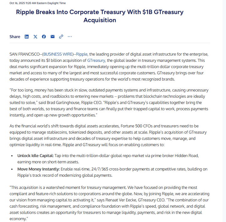 Ripple GTreasury $1B Acquisition. Source: Business Wire