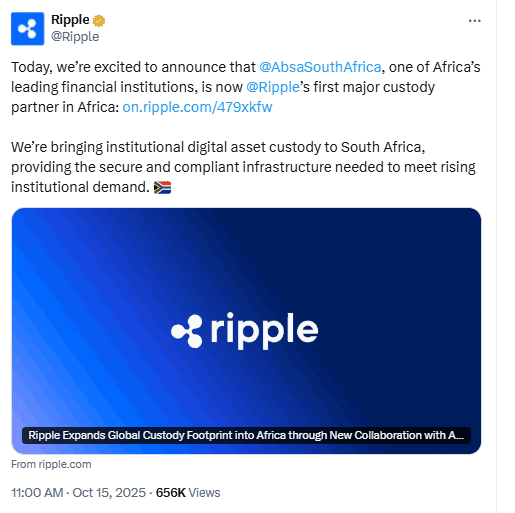 Ripple Absa Custody South Africa. Source: Ripple on X