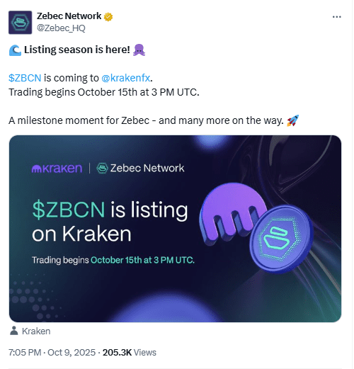 ZBCN Listing on Kraken. Source: Zebec Network on X