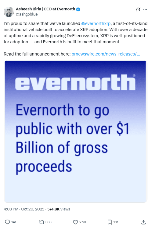 Ashesh Birla Evernorth XRP Launch Post. Source: Ashesh Birla on X