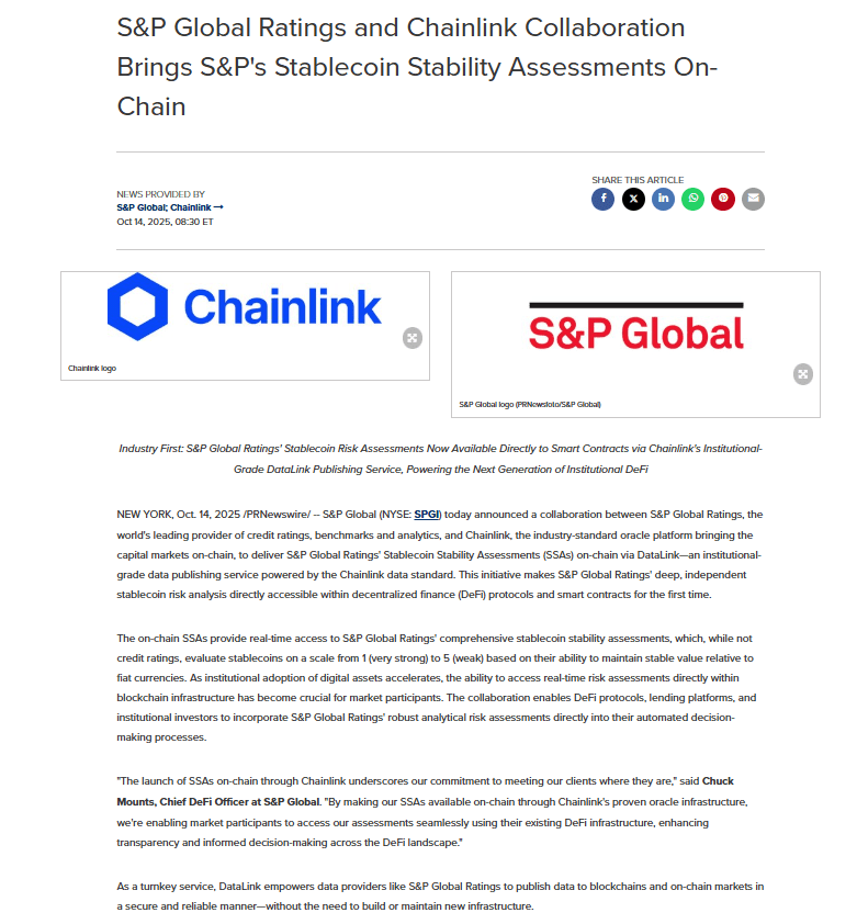 S&P Global and Chainlink Bring Stablecoin Stability Assessments On Chain. Source: PR Newswire