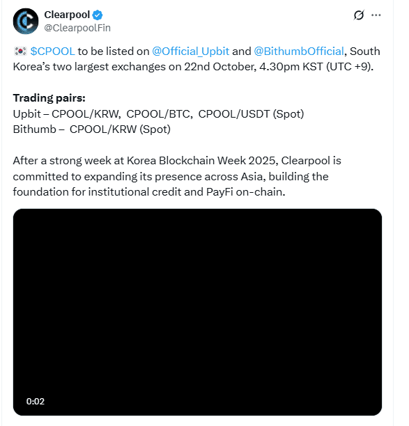 CPOOL Upbit Bithumb Listing. Source: Clearpool on X