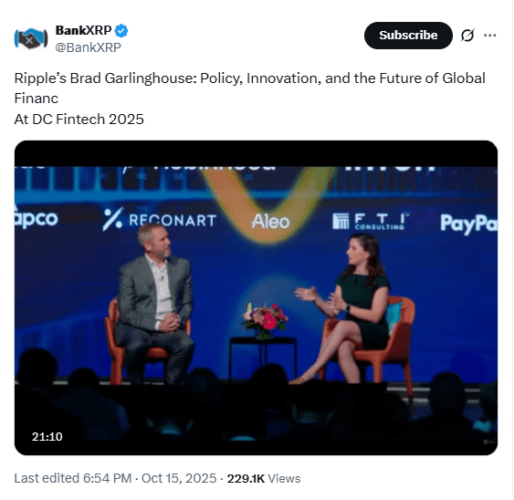Brad Garlinghouse at DC Fintech 2025. Source: BankXRP on X