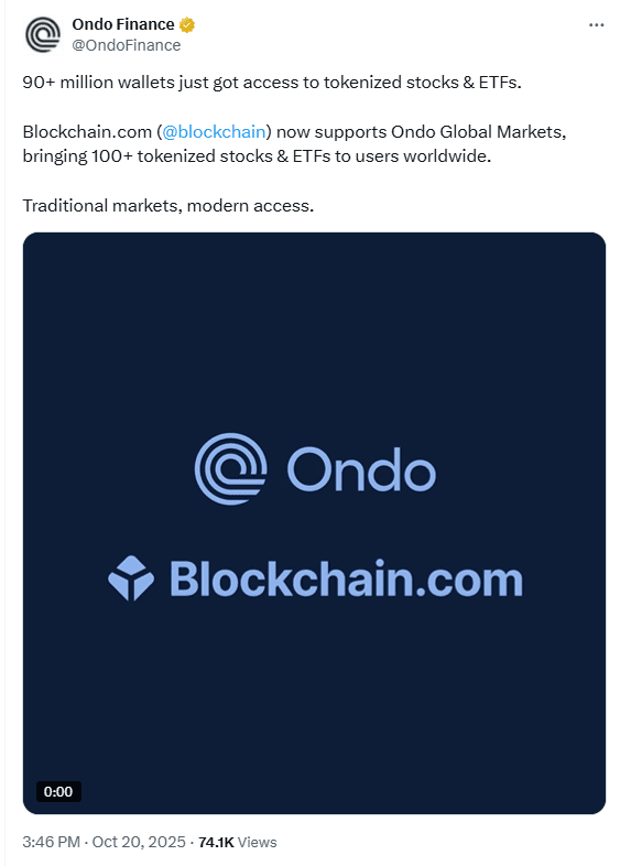 Ondo Blockchain.com Tokenized Stocks Access. Source: Ondo Finance on X