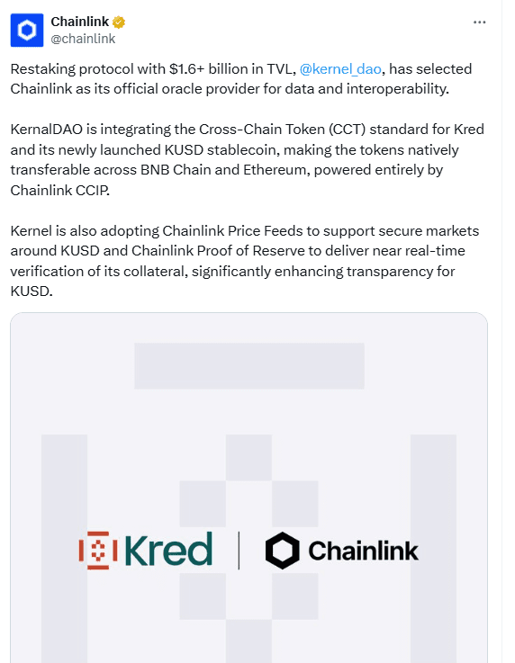 KernelDAO Chainlink KUSD CCT CCIP. Source: Chainlink on X