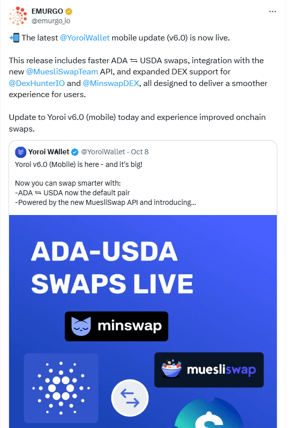 Yoroi v6.0 Mobile Update. Source: EMURGO on X