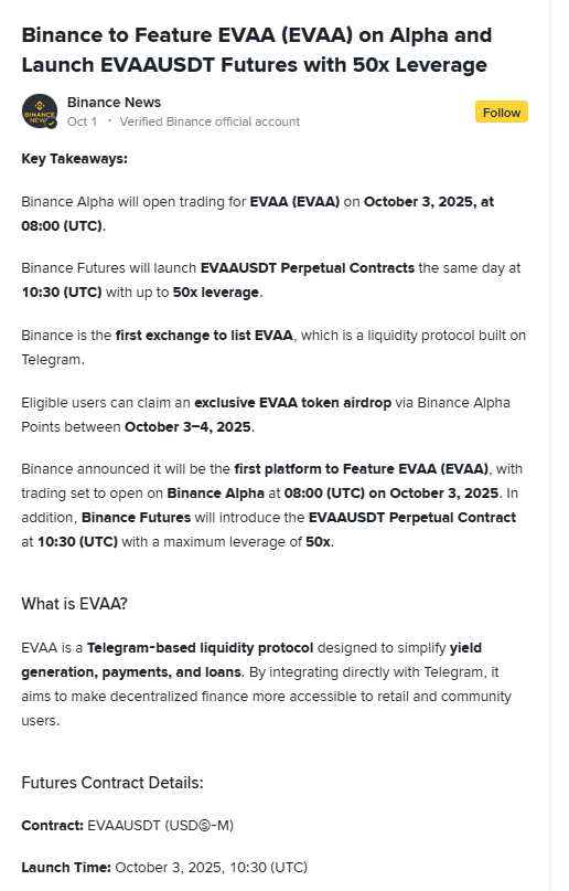 EVAA Listing and Futures. Source: Binance