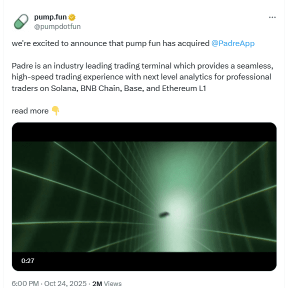 Pump.fun Padre Acquisition. Source: X (pumpdotfun)