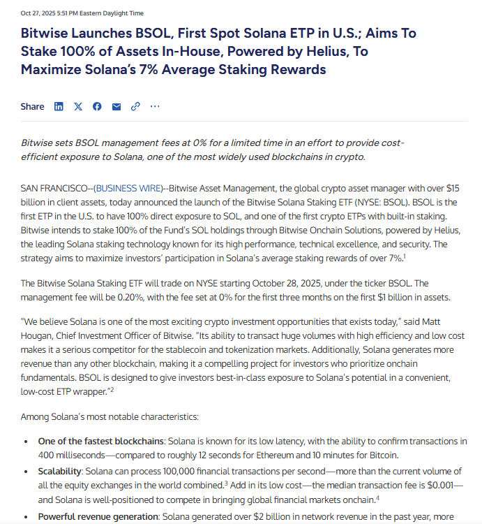 Bitwise BSOL Solana Staking ETP. Source: Business Wire