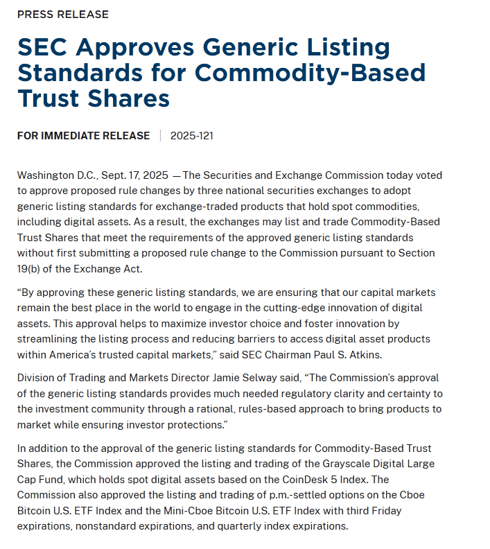 SEC Generic Listing Standards Approval. Source: U.S. SEC