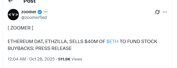 ETHZilla $40M ETH Sale Announcement. Source: Zoomer (@zoomerfied)
