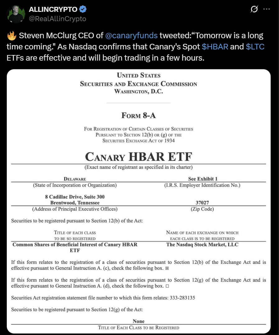 Hedera Hashgraph spot ETF listing.