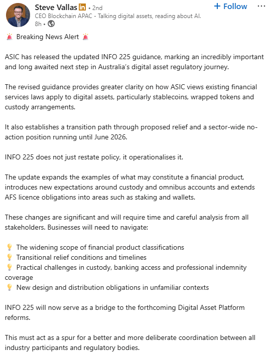 ASIC Info 225 Guidance Update. Source: Steve Vallas LinkedIn