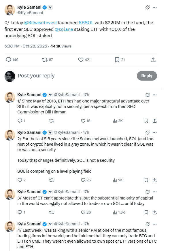 Kyle Samani on BSOL launch and SOL’s statusSource: Kyle Samani (X)
