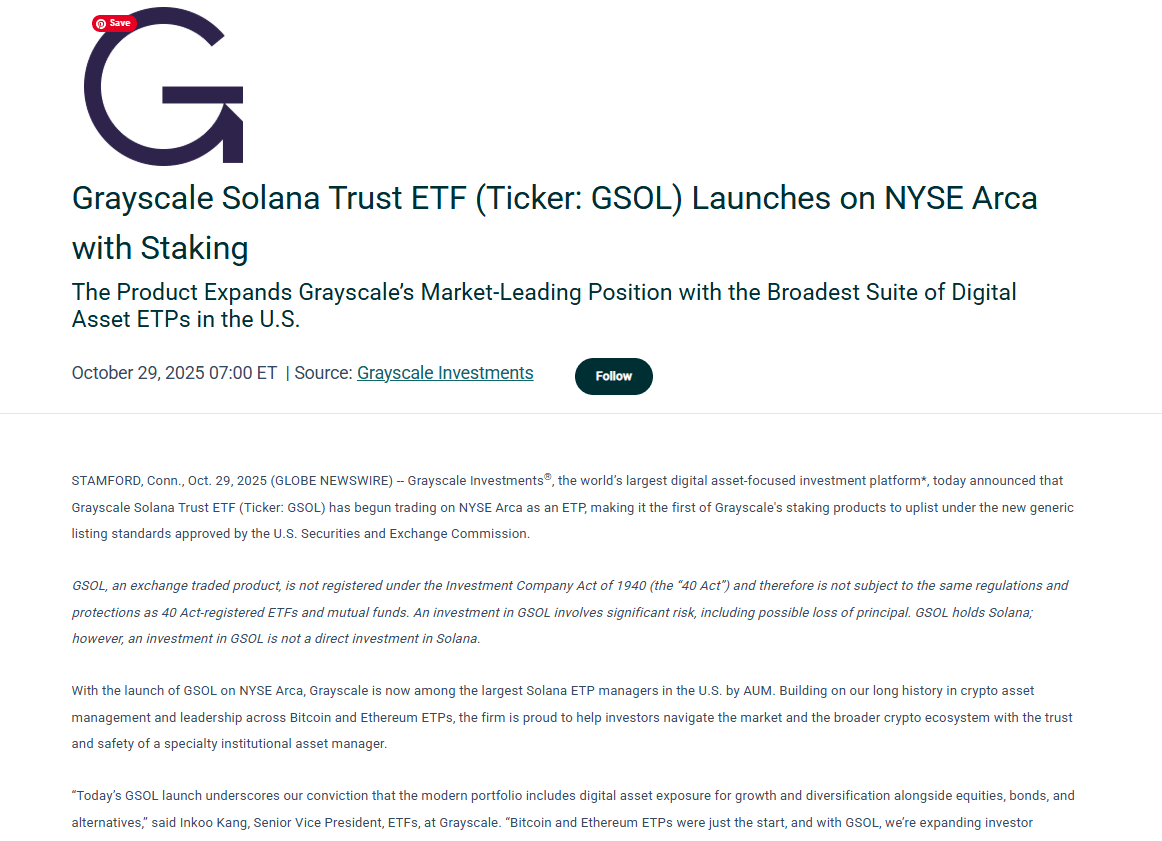 Grayscale GSOL Staking ETF on NYSE Arca. Source: Grayscale Investments