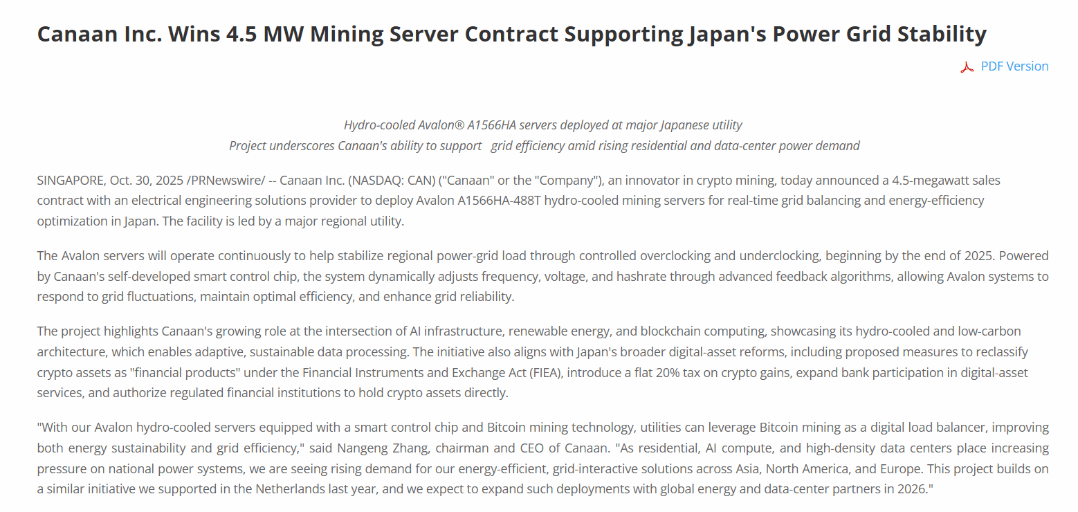 Canaan Wins 4.5 MW Bitcoin Mining Contract to Support Japan’s Grid StabilitySource: Canaan Inc. (PR Newswire)