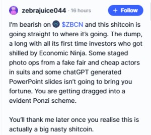 Trader calling ZBCN a shitcoin