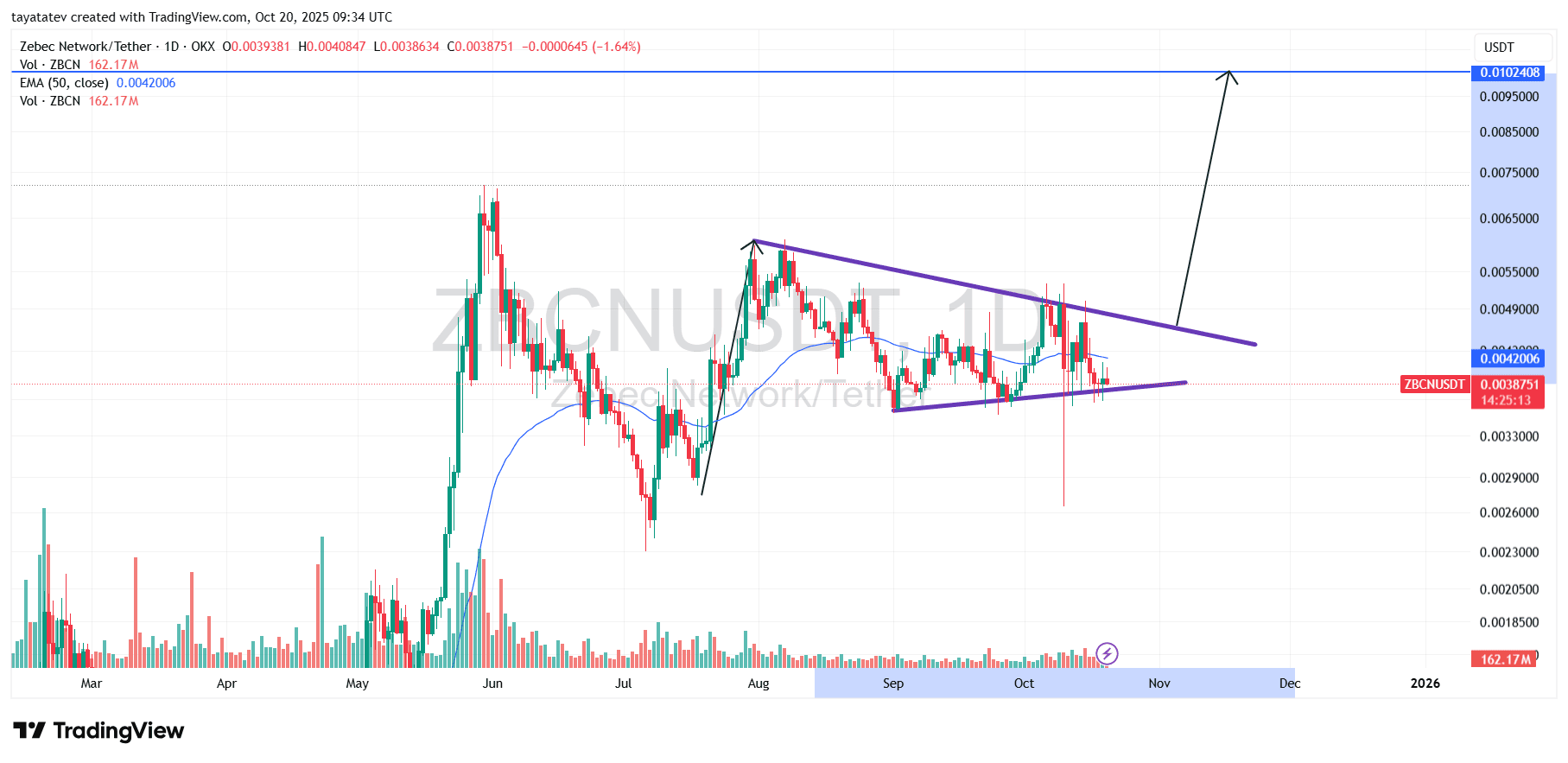 ZBCN/USDT Daily — Bullish Pennant. Source: TradingView